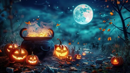 Fototapeta premium Halloween night with bubbling iron cauldron orange pumpkin jack o lanterns and a full moon