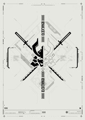 Tech Abstract poster template with HUD elements. cyber culture, Modern flyer for web and print. hacking, Cyberpunk futuristic samurai poster. programming and virtual environments.