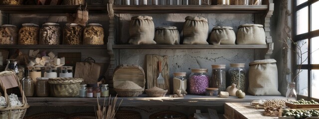 Vintage pantry with jars and sacks of dried goods