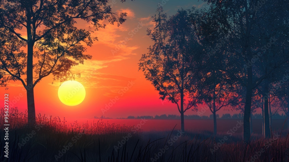 Poster sunset view with trees silhouette