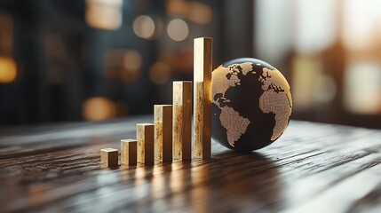 Business growth chart with a globe on a wooden table, representing global economic trends and financial success.