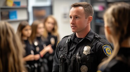 Officer providing a tour of the police station to local students, educating them about law enforcement roles and responsibilities.