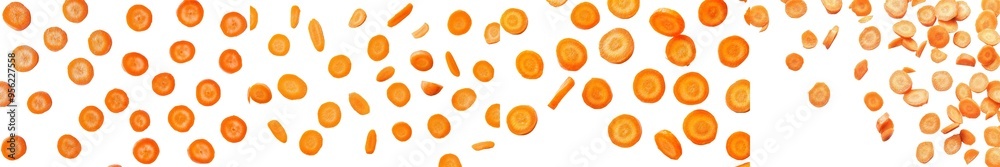Poster the slice of a falling carrot is isolated against a white background, with selective focus