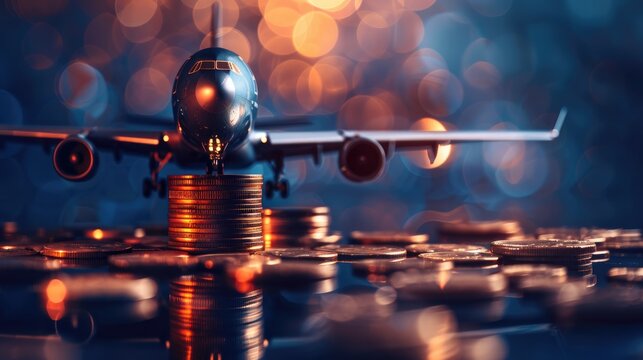 Saving on air travel Loyalty programs and air miles bonuses Low cost airlines Airplane on a growing stack of coins