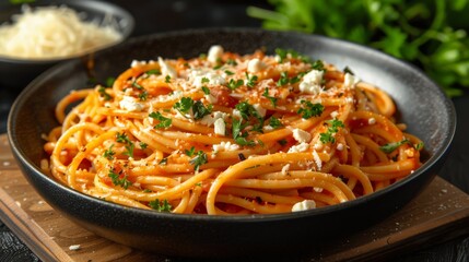 Spaghetti topped with feta and red sauce is elegantly plated, garnished with herbs, and served in a casual dining setting with fresh greens