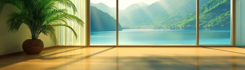 3D Rendering of Large Floor-to-Ceiling Windows with a Water View in a Modern Villa Living Room