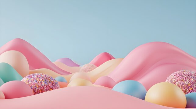 minimal backdrop featuring rolling hills made of pastel-colored candy and sweets 