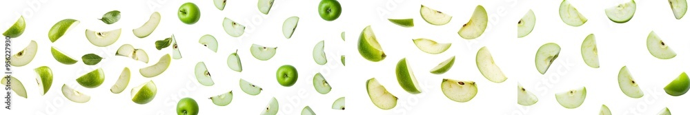 Poster Isolated on white background, green juicy apple falling to the ground