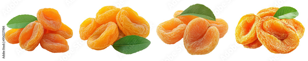 Poster apricots and dried apricots, isolated on white background, clipping path, depth-of-field