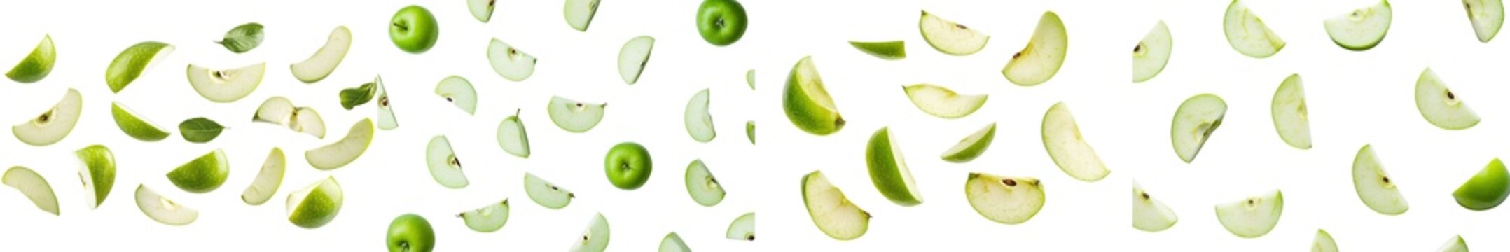 Isolated on white background, green juicy apple falling to the ground