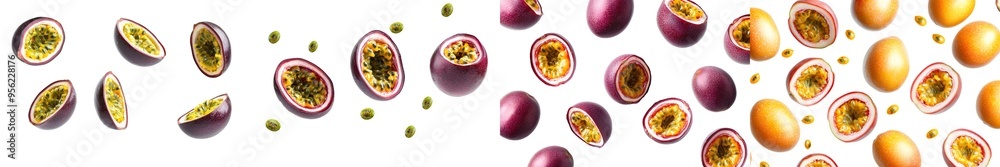 Poster an isolated image of a falling passion fruit with selective focus on a white background