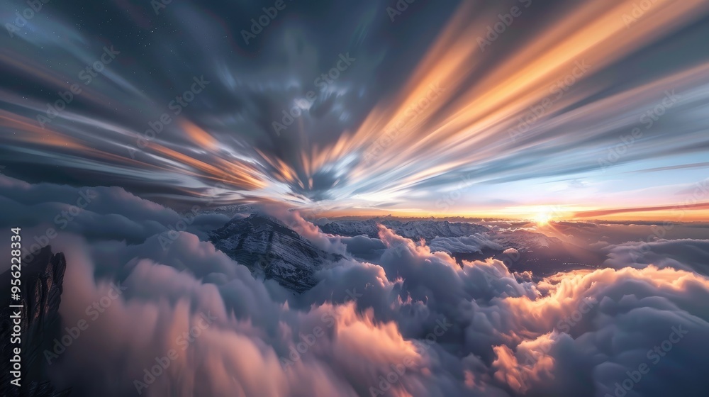 Poster visible light streaks formed behind the clouds at twilight