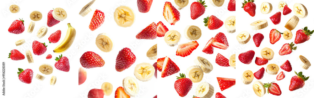 Poster Isolated bananas and strawberries falling on white background with depth of field and clipping path