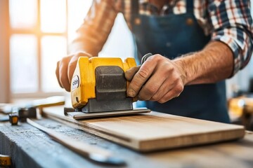 Close-Up of a Carpenter Sanding Wood with an Electric Sander