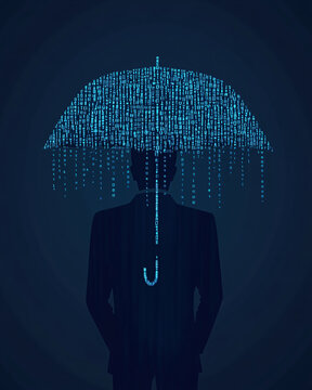 A digital silhouette of a man under an umbrella, surrounded by binary rain, symbolizing data protection and cybersecurity.