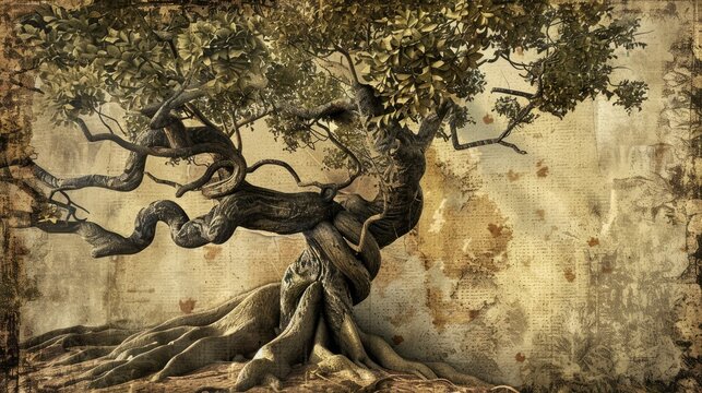 Old tree of Ficus sycomorus Moraceae Sycamore fig tree fig mulberry cultivated since ancient times Gnarled branches and trunks leaves and aerial roots Old paper textured image