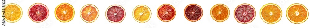 Poster a slice of red blood orange, isolated on white background, clipped path and depth of field at full v