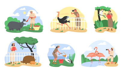 Fototapeta premium Zoologists and animals vector illustration set