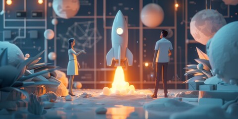 3d rendering of rocket and technology scientist, technology development research