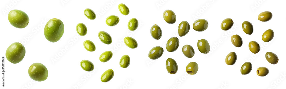 Poster An olive is falling over a white background with a clipping path and a full depth of field.