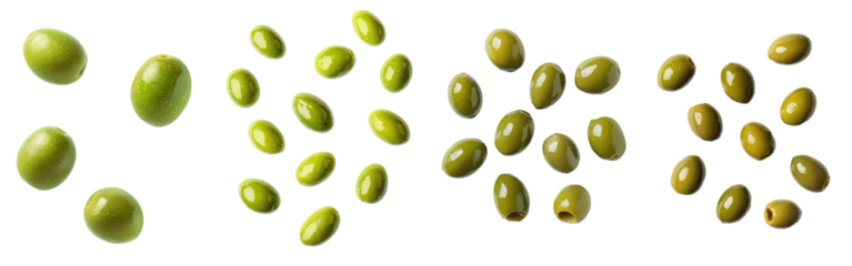 An olive is falling over a white background with a clipping path and a full depth of field.