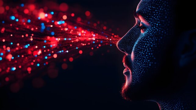 Overlay of human speech waves and AI-generated text in double exposure, illustrating the flow of spoken words turning into digital form