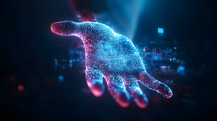 A futuristic handprint in double exposure with intricate biometric patterns, overlaid with soundwaves and digital machine learning symbols in a neon-lit tech background