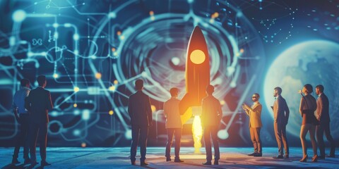 Rocket and Rising Graph in Space as a Metaphor for Ambitious Tech Goals