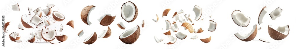 Poster a falling coconut isolated on a white background, in full depth of field with selective focus