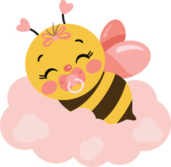 Baby girl bee sleeping on pink cloud