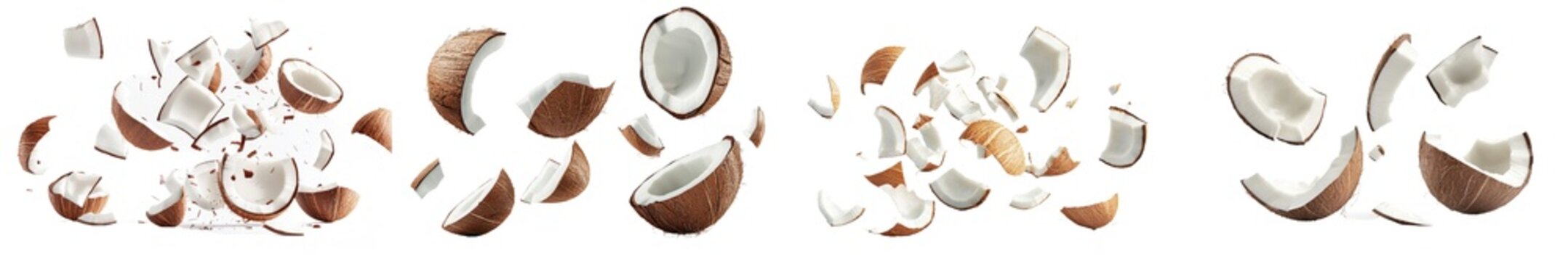 A falling coconut isolated on a white background, in full depth of field with selective focus