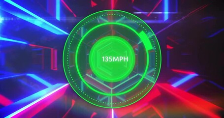 Speedometer animation showing 135MPH over colorful geometric shapes