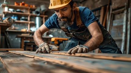 Skilled Carpenter Craftsman Working on Wooden Plank in Workshop