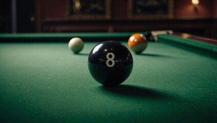 Classic black snooker ball with number eight on green