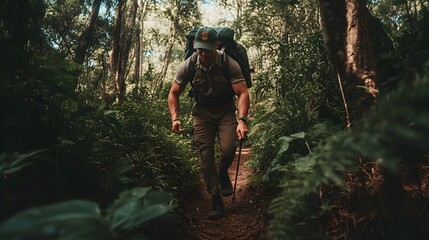 Obraz premium Park Ranger Hiking Through Forest A muscular park ranger in full gear confidently navigating a challenging forest trail, demonstrating physical fitness and commitment to environmental protection