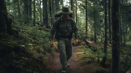 Obraz premium Park Ranger Hiking Through Forest A muscular park ranger in full gear confidently navigating a challenging forest trail, demonstrating physical fitness and commitment to environmental protection