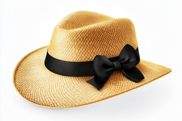 Straw hat with black ribbon for head protection.