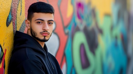 portrait of an attractive young Egyptian man in a black hoodie leaning against a colorful graffiti wall in natural daylight