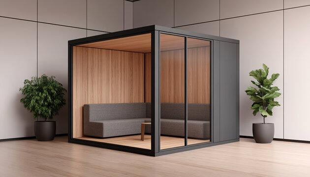 Modern office pod with sleek design, wooden interior, and cozy seating for productive work or relaxation in a stylish environment.