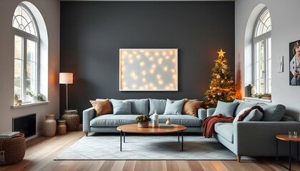 A modern living room with a large gray sofa, a white framed wall art piece with string lights, and a warm, cozy atmosphere, christmas
