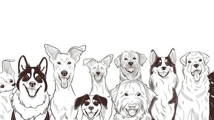 Fototapeta premium A minimalistic line art of a group of happy dogs of various breeds, each drawn with simple strokes and joyful expressions, on a white background.