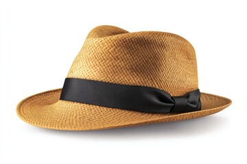 Straw fedora hat with black ribbon on white background.