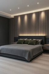 Contemporary Bedroom with Vertical Wood Paneling and Soft Lights