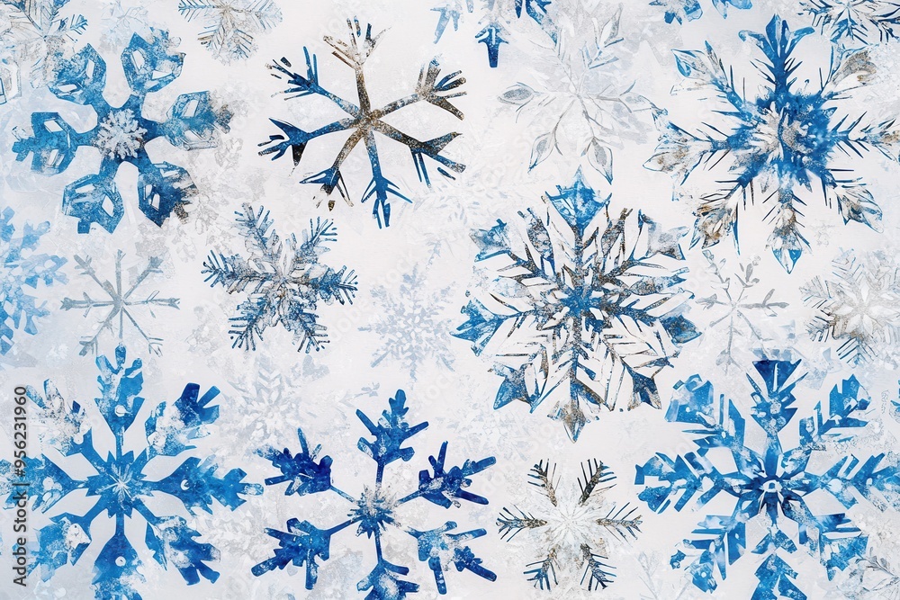 Leinwandbilder Intricate snowflakes gracefully overlap against a soft white background, creating a cool, refreshing winter ambiance filled with artistry. Generative AI