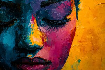 Vibrant abstract portrait of a woman with emotive colors and tear, showcasing depth.