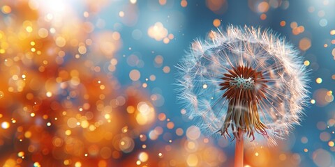 A dreamy dandelion blowball with soft, white seeds, set against a vivid blue sky with sparkling orange and yellow light, capturing the beauty of nature.