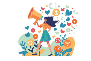 Woman Social Media Influencer Engaging Followers, Attracting Likes with Magnet Drawing Love Symbols, Online Marketing Concept