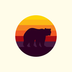 Silhouette of a bear against a striped retro sunset. Original vector illustration in vintage style isolated on light background. T-shirt design.