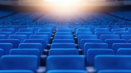 Naklejka premium Vibrant blue seating in a bustling outdoor stadium, offering a lively atmosphere for sports enthusiasts and event-goers, surrounded by cheering crowds and sunlit skies