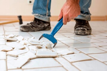 A Man Using Blue Pliers to Remove a Broken White Tile from the Floor